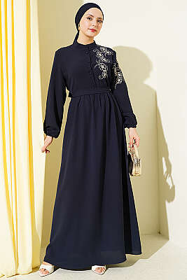 Omuz Çiçek Nakışlı Düğmeli Elbise Lacivert - Elbise