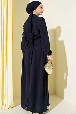 Omuz Çiçek Nakışlı Düğmeli Elbise Lacivert - Elbise