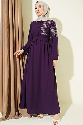 Omuz Çiçek Nakışlı Düğmeli Elbise Mor - 700-100 TL Ürünler