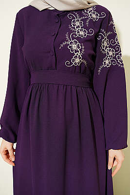 Omuz Çiçek Nakışlı Düğmeli Elbise Mor - 700-100 TL Ürünler