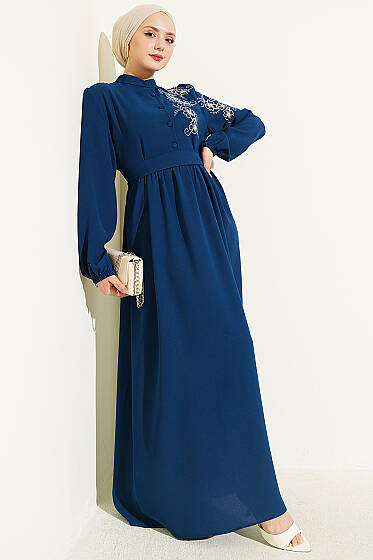 Omuz Çiçek Nakışlı Düğmeli Elbise Petrol - Elbise
