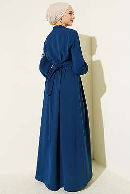 Omuz Çiçek Nakışlı Düğmeli Elbise Petrol - Elbise