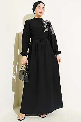 Omuz Çiçek Nakışlı Düğmeli Elbise Siyah - ASMİN