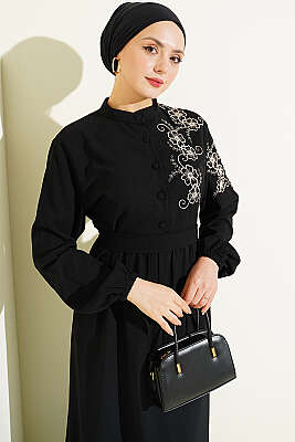 Omuz Çiçek Nakışlı Düğmeli Elbise Siyah - Elbise