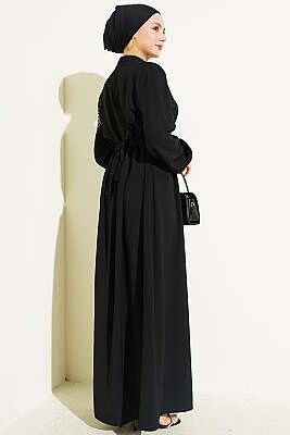 Omuz Çiçek Nakışlı Düğmeli Elbise Siyah - Elbise