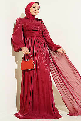 Omuz Çiçekli Taşlı Abiye Elbise Bordo - PURE COSTUME