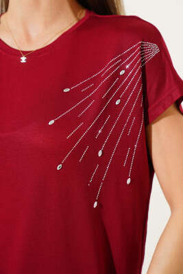 Omuz Damla Taşlı T-shirt Bordo - Bluz