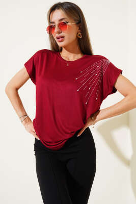 Omuz Damla Taşlı T-shirt Bordo - Kadın Giyim Modelleri