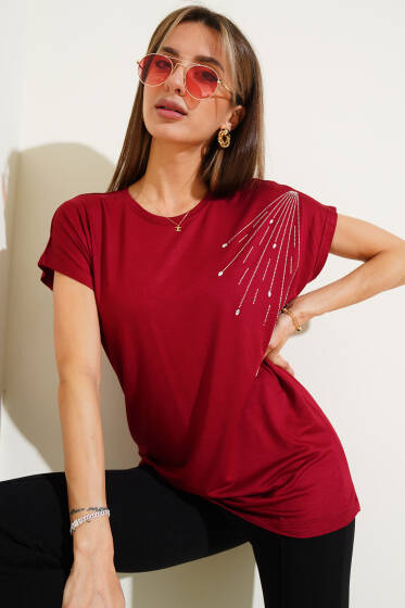 Omuz Damla Taşlı T-shirt Bordo - Kadın Giyim Modelleri