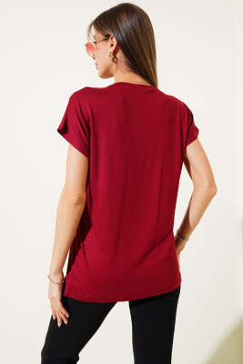 Omuz Damla Taşlı T-shirt Bordo - Kadın Giyim Modelleri
