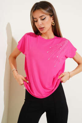 Omuz Damla Taşlı T-shirt Fuşya 