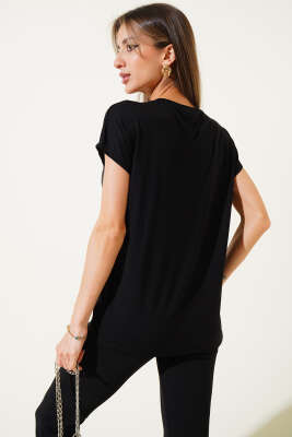 Omuz Damla Taşlı T-shirt Siyah - Kadın Giyim Modelleri