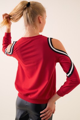 Omuz Dekolteli Kırmızı Sweatshirt - Thumbnail