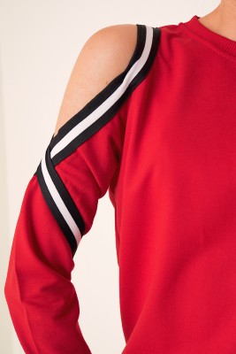 Omuz Dekolteli Kırmızı Sweatshirt - Thumbnail