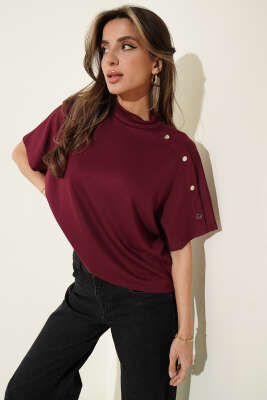 Omuz Detaylı T-shirt Bordo - Kadın Giyim Modelleri