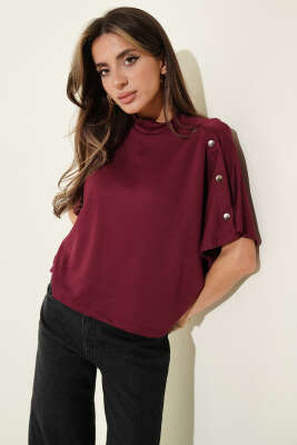 Omuz Detaylı T-shirt Bordo
