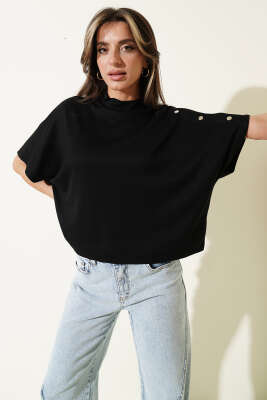 Omuz Detaylı T-shirt Siyah - Yılın Fırsatı