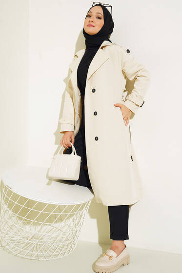 Omuz Düğmeli Araboy Trenç Ekru - Trençkot Kadın