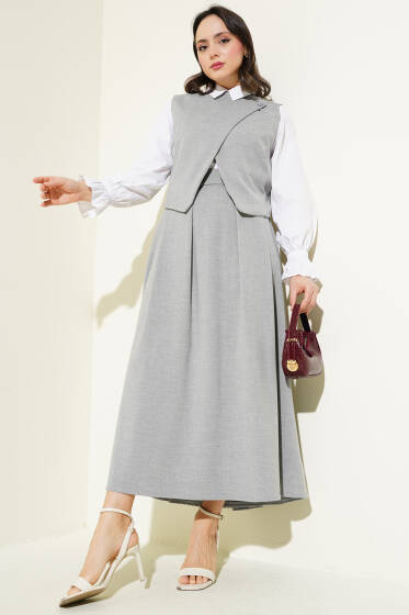 Omuz Düğmeli Çapraz Yelekli Etekli Takım Gri - İkili Takım