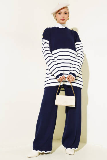 Omuz Düğmeli Çizgili Triko İkili Takım Lacivert - Triko
