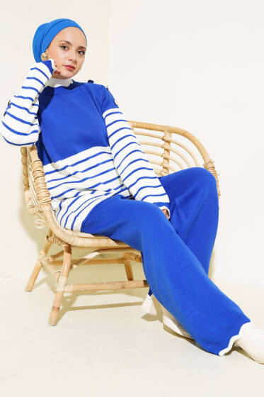 Omuz Düğmeli Çizgili Triko İkili Takım Saks - Triko