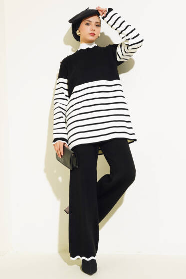 Omuz Düğmeli Çizgili Triko İkili Takım Siyah - Triko