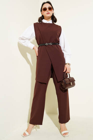 Omuz Düğmeli Kemerli Yelek İkili Takım Kahve - İkili Takım