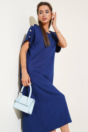 Omuz Düğmeli Midi Elbise Lacivert - Kadın Giyim Modelleri