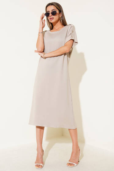 Omuz Düğmeli Midi Elbise Taş - Kadın Giyim Modelleri