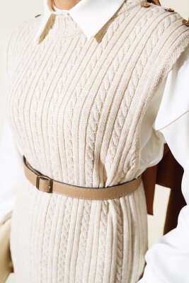 Omuz Düğmeli Triko Jile Elbise Bej - Tesettür Elbise