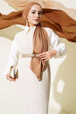 Omuz Düğmeli Triko Jile Elbise Bej - Tesettür Elbise