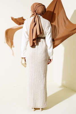 Omuz Düğmeli Triko Jile Elbise Bej - Tesettür Elbise