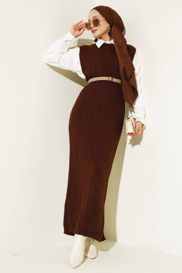 Omuz Düğmeli Triko Jile Elbise Kahve - Elbise
