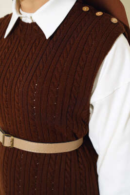 Omuz Düğmeli Triko Jile Elbise Kahve - Tesettür Elbise