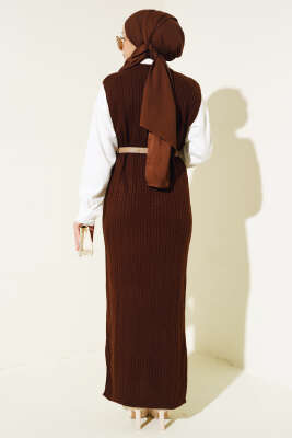 Omuz Düğmeli Triko Jile Elbise Kahve - Tesettür Elbise