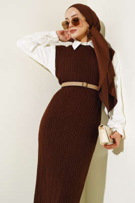 Omuz Düğmeli Triko Jile Elbise Kahve - Tesettür Elbise