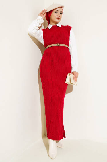 Omuz Düğmeli Triko Jile Elbise Kırmızı - Elbise
