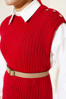 Omuz Düğmeli Triko Jile Elbise Kırmızı - Tesettür Elbise