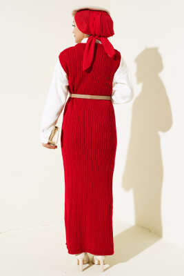 Omuz Düğmeli Triko Jile Elbise Kırmızı - Tesettür Elbise