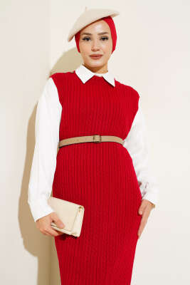 Omuz Düğmeli Triko Jile Elbise Kırmızı - Tesettür Elbise