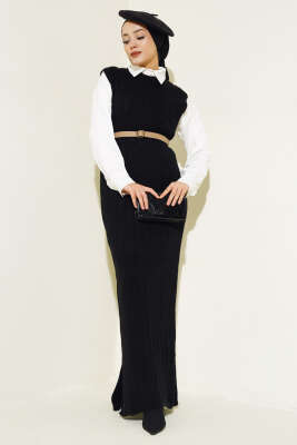 Omuz Düğmeli Triko Jile Elbise Siyah - Tesettür Elbise