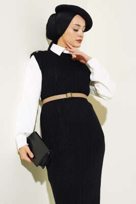 Omuz Düğmeli Triko Jile Elbise Siyah - Tesettür Elbise