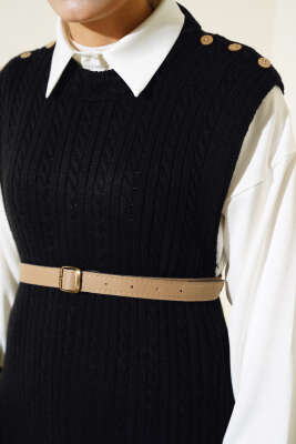 Omuz Düğmeli Triko Jile Elbise Siyah - Tesettür Elbise