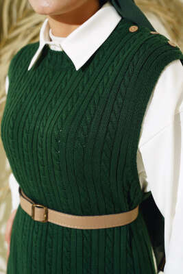 Omuz Düğmeli Triko Jile Elbise Zümrüt - Tesettür Elbise