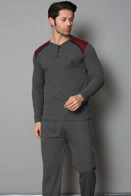 Omuz Düğmeli Uzun Kol Erkek Pijama Takım Antrasit - Kadın Pijama Takımı