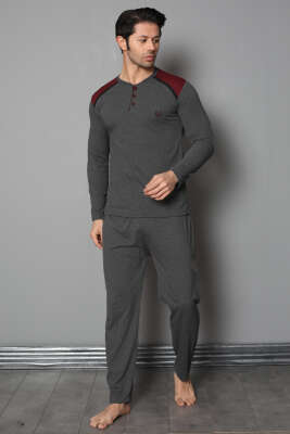 Omuz Düğmeli Uzun Kol Erkek Pijama Takım Antrasit 