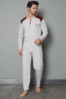 Omuz Düğmeli Uzun Kol Erkek Pijama Takım Gri 