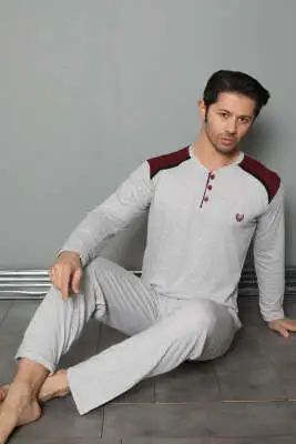 Omuz Düğmeli Uzun Kol Erkek Pijama Takım Gri - Kadın Pijama Takımı