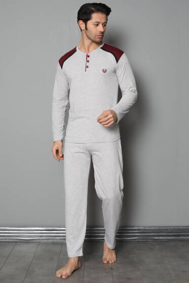 Omuz Düğmeli Uzun Kol Erkek Pijama Takım Gri - Pijama