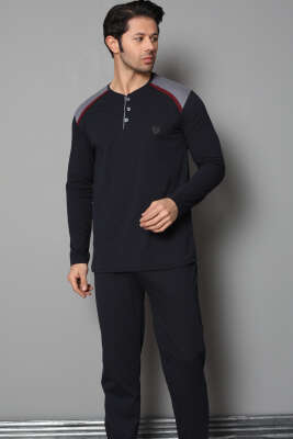 Omuz Düğmeli Uzun Kol Erkek Pijama Takım Lacivert Bordo - Kadın Pijama Takımı